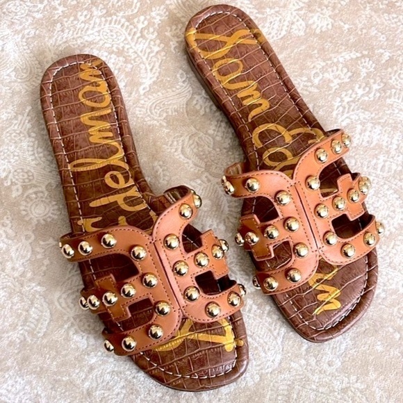 Brand New Sam Edelman Genuine Leather Sandals Cognac w/ Gold Tone Studs - Picture 1 of 14
